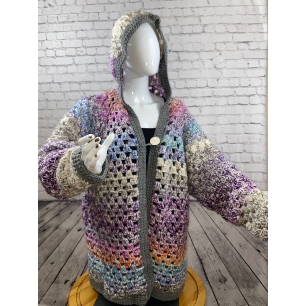 Handmade Crochet Hooded Cardigan Multicolor Granny Square Oversized Sweater L/XL